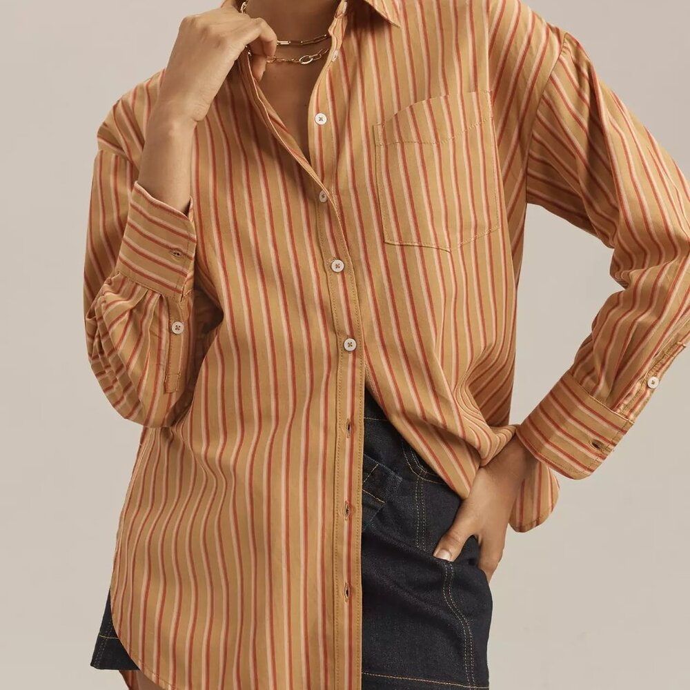 NWT Anthropologie Maeve Bennett Button Down Shirt Brown Motif